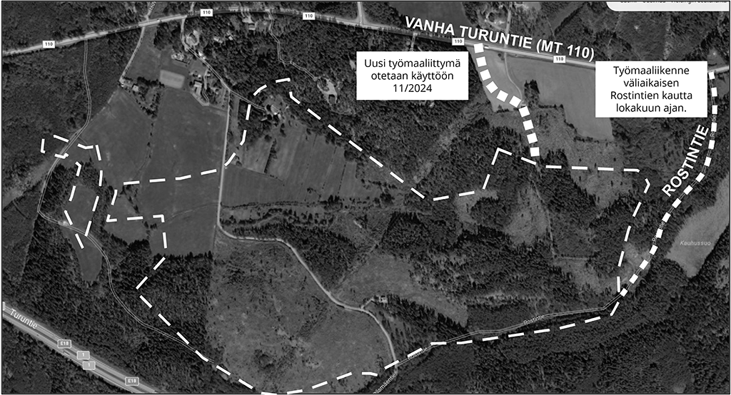 Kartta, jossa näkyy Vanhalle Turuntielle rakennettava väliaikainen työmaaliittymä sekä Rostintie. Kuvassa näkyy myös datakeskustontin rajat.
