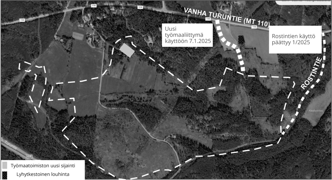 Kuva. Vihdin datakeskustyömaan muuttuvat liikennejärjestelyt 7.1.2025. Rostintien käyttö päättyy tammikuun 2025 aikana ja uusi työmaaliittymä Vanhalle Turuntielle otetaan käyttöön.